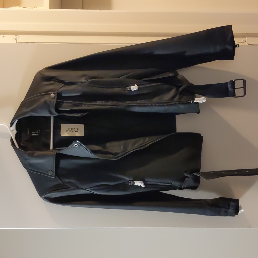Forever 21 Black Pleather Jacket with Embroidered Design